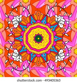 Seamless floral mandala pattern in pink, turquoise green, yellow and pale orange on floral pink background.