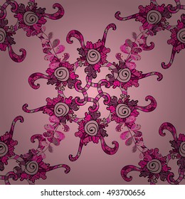 Seamless floral mandala pattern in pink doodles background.