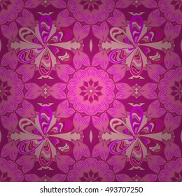 Seamless floral mandala pattern in pink doodles background.