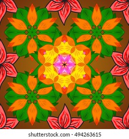 Seamless floral mandala pattern in pink, turquoise green and pale orange on floral colorful background.