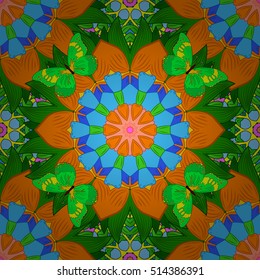 Seamless floral mandala pattern in pink, turquoise green, blue and pale orange on floral orange background. Green butterflies.