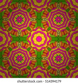 Seamless floral mandala pattern in pink, turquoise green and pale orange on floral yellow background.
