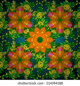 Seamless floral mandala pattern in pink, turquoise green and pale orange on floral yellow background.