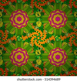 Seamless floral mandala pattern in pink, turquoise green and pale orange on floral yellow background.