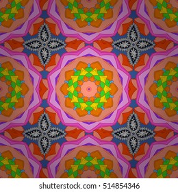Seamless floral mandala pattern in pink, turquoise green, yellow and pale orange on floral pink background.