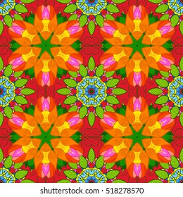 Seamless floral mandala pattern in pink, turquoise green and pale orange on floral yellow background.