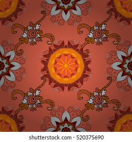 Seamless floral mandala pattern in pink, yellow on floral doodles background.