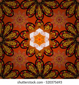 Seamless floral mandala pattern in pink, yellow on floral doodles background.