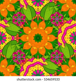 Seamless floral mandala pattern in pink, turquoise green and pale orange on floral yellow background.