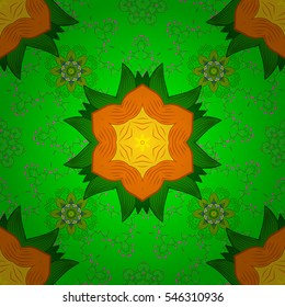Seamless floral mandala pattern in pink, turquoise green, and pale orange on floral green background. Vector. Radial gradient shape.
