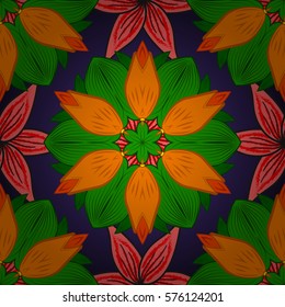 Seamless floral mandala pattern in pink, turquoise green and pale orange on floral blue background. Radial gradient shape.