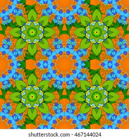 Seamless floral mandala pattern in purple, turquoise green and pale orange on floral blue background.