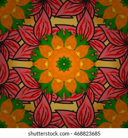 Seamless floral mandala pattern in purple, turquoise green and pale orange on floral blue background.