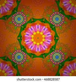 Seamless floral mandala pattern in purple, turquoise green and pale orange on floral blue background.