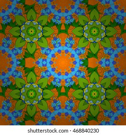 Seamless floral mandala pattern in purple, turquoise green and pale orange on floral blue background.