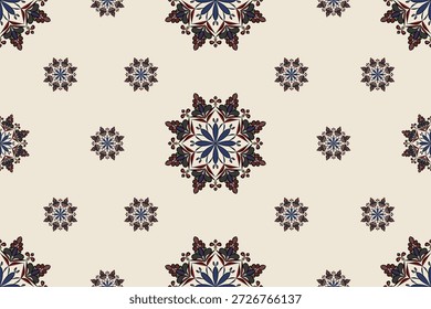 Patrón de mandala floral sin fisuras con motivos florales ornamentales simétricos en tonos terrosos sobre un fondo beige suave. Diseño étnico decorativo inspirado en el arte popular tradicional y Elementos botánicos. Ideal para Fondos de pantalla, textiles, estampados de tela, papel de regalo, papelería, decoración del hogar, fondos y diseños de estilo bohemio o vintage. Patrón repetitivo con composición elegante y armoniosa.