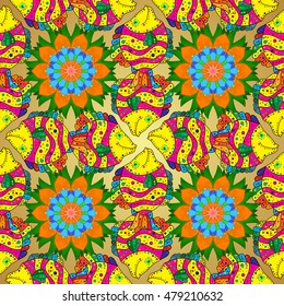 Seamless floral mandala pattern, turquoise green and pale orange on floral yellow background.