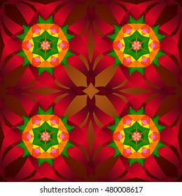 Seamless floral mandala pattern, turquoise green and pale orange on floral red background.