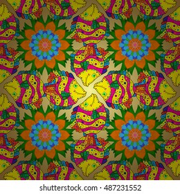 Seamless floral mandala pattern, turquoise green and pale orange on floral yellow background.