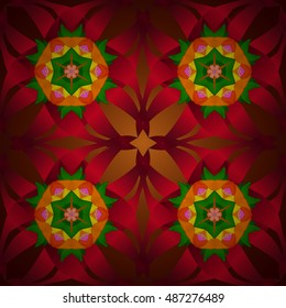 Seamless floral mandala pattern, turquoise green and pale orange on floral red background.