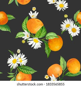 Seamless floral mandarin pattern, Citrus tropic fruits, leaves, daisy flowers background. Hand drawn vector illustration in watercolor style. Summer romantic cover, tropical wallpaper, vintage texture