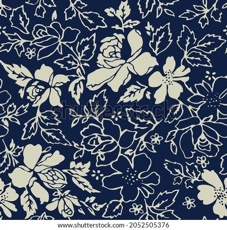 Seamless floral mono print background repeat. Rotary repeats for textile print.