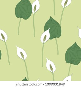 
Seamless floral monochrome pattern with Bog Arum plant. (Calla Palustris). Swamp Lily.
