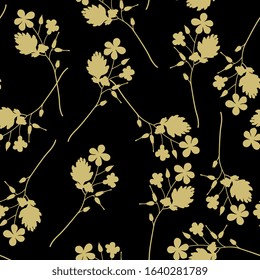 Seamless floral monochrome pattern with branches of wild flowers. Geranium or Pelargonium blossom. Cranesbill plant. Gold silhouettes on black background.