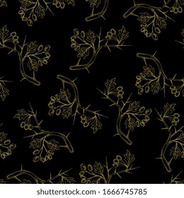 Seamless floral monochrome pattern with branches of hawthorn tree. Gold silhouettes on black background. Hand drawn sketches.