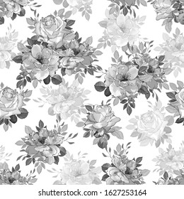 Seamless floral monochrome pattern with gray flowers rose and leaves on white background. Hand drawn. For design textile, wallpapers, wrapping paper, prints. Vector stock illustration.