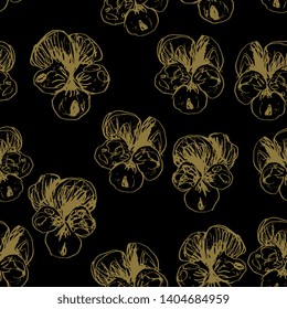 Seamless floral monochrome pattern with hand drawn silhouetted sketches of pansy flowers.