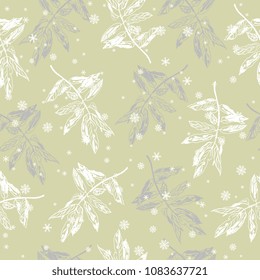 Seamless floral monochrome pattern with linear silhouettes of tree leaves and snowflakes. Based on hand drawn sketch. 