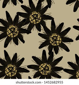 Seamless floral monochrome pattern with Passion Flower or Passiflora blossom.