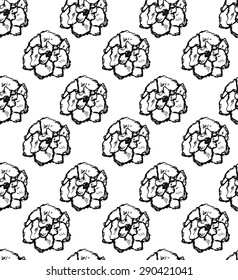 Seamless floral monochrome pattern with roses. Pen drawing.