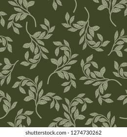Seamless floral monochrome pattern with stylized branches with leaves.