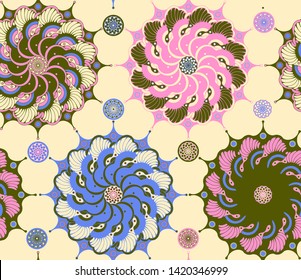seamless floral mosaic of stylized peonies in pink blue shades