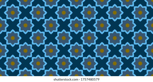Seamless floral motif colorful all over quatrefoil lattice pattern. Abstract check repeat design. Print block for apparel textile, ladies dress fabric, wrapping cloth, silk scarf, fashion garment.