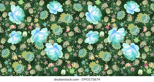 Seamless floral motley pattern with blue roses and paisley on green lace background.  Ethnic print for fabric.