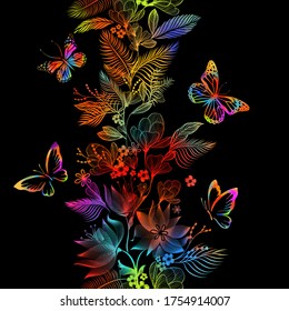 seamless floral multicolored pattern with butterflies on a black background. Mixed media. Vector illustration