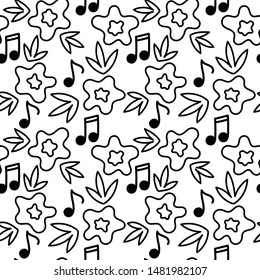Seamless floral and musical background . Vector Hand drawn pattern, flowers, leaves, musical notes. Black and white