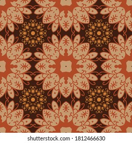 Seamless floral natural abstract geometric pattern on dark brown  background. Hand drawn. Ethnic style. Design for textiles, wallpapers, printed products. Vector illustration