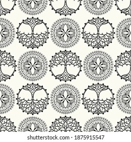 Seamless floral natural abstract geometric pattern on white  background. Folk art style. Hand drawing. Design for textiles, wallpapers, printed products. Vector illustration