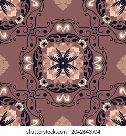 Seamless floral natural abstract geometric pattern on brown background. Ornament,  Autumn. Folk art. Hand drawing. Design for textiles, wallpapers, printed products. Vector illustration