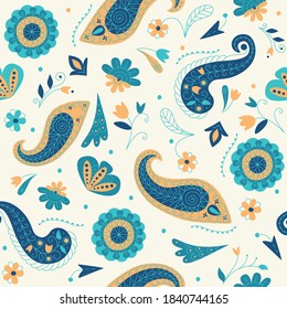Seamless floral natural abstract  pattern on white  background. Folk art, Paisley style. Hand drawing. Design for textiles, wallpapers, printed products. Vector illustration
