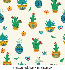 Seamless floral natural abstract  pattern,  on white  background, home plant cacti in pots.  Folk art style. Hand drawing. Design for textiles, wallpapers, printed products. Vector illustration