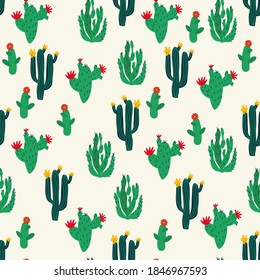 Seamless floral natural abstract  pattern, cactus with flowers on white  background.  Hand drawing. Design for textiles, wallpapers, printed products. Vector illustration