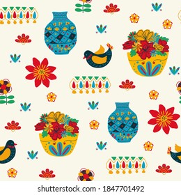 Patrón abstracto natural floral sin foco, macetas keriámicas pintadas, flores sobre fondo blanco. Estilo de arte folclórico. Dibujo manual. Diseño para textiles, papel pintado, productos impresos. Ilustración del vector