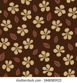 Seamless floral natural abstract  pattern on dark brown background. Folk art style. Hand drawing. Design for textiles, wallpapers, printed products. Vector illustration