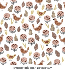 Seamless floral natural abstract  pattern, flowers and birds on white  background. Folk art style. Hand drawing. Design for textiles, wallpapers, printed products. Vector illustration