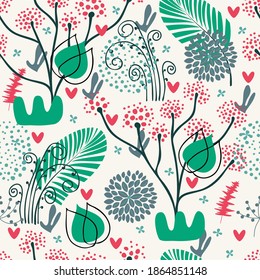 Seamless floral natural abstract  pattern on white background. Green leaf and flowers. Hand drawing. Design for textiles, wallpapers, printed products. Vector illustration